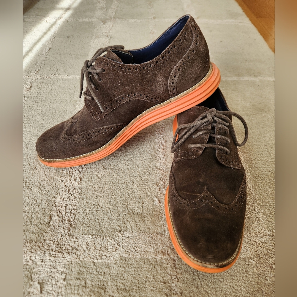 Cole Haan Men's Lunargrand Brown Suede Shoes with Orange Sole, Size 9.5 - Picture 3 of 10